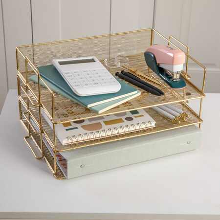 MARTHA STEWART Ryder 3 Tier Gold Desk Stackable Letter Tray Organizer, Steel Mesh, Tray for Files/Papers/Letters HH-OHD01-3-GLD-MS